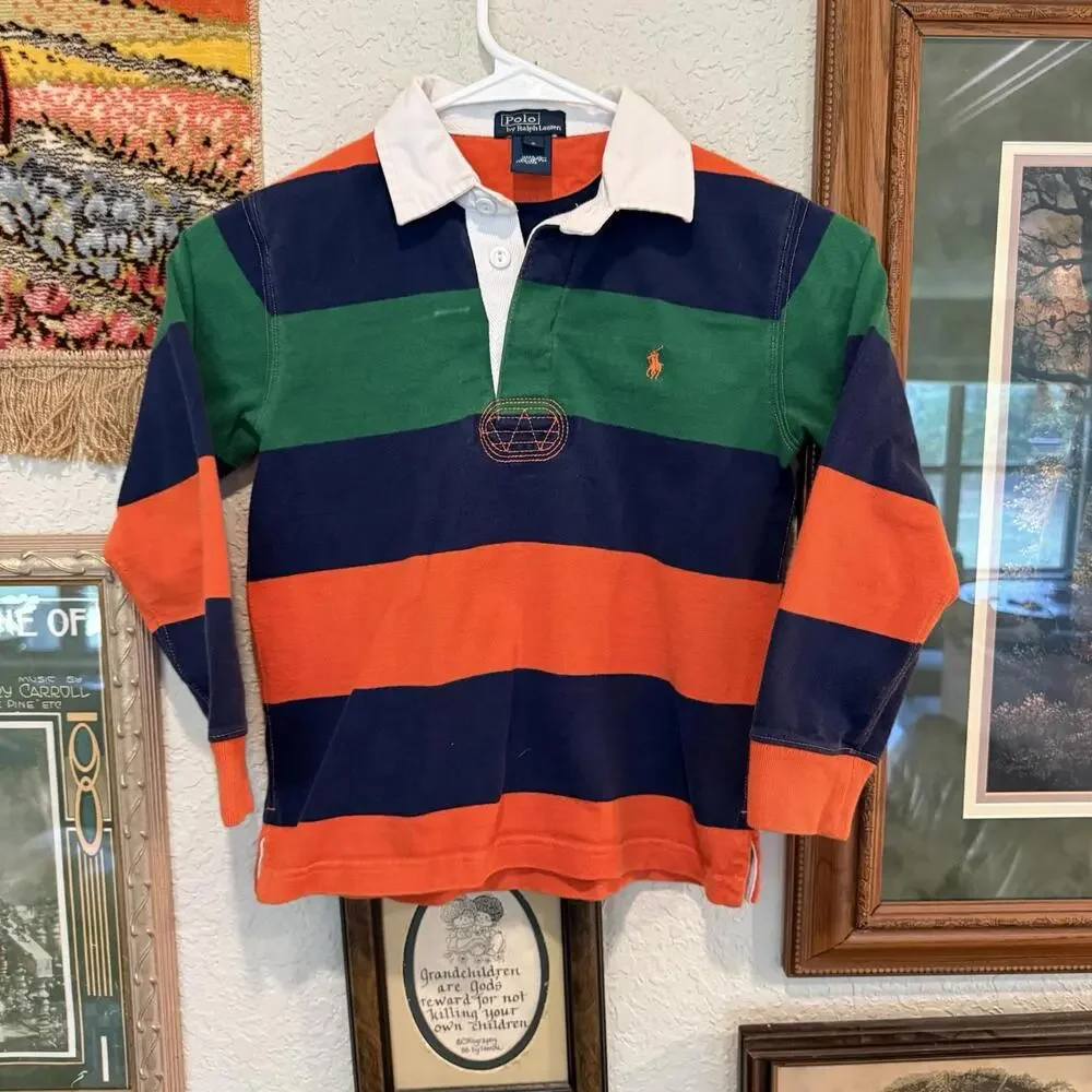 Vintage 90s Polo Ralph Lauren Shirt Rugby Long sleeve Colorful Kids Size 6‎ S/M